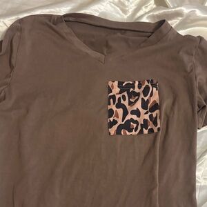 Brown V-Neck Top with Leopard Print Pocket